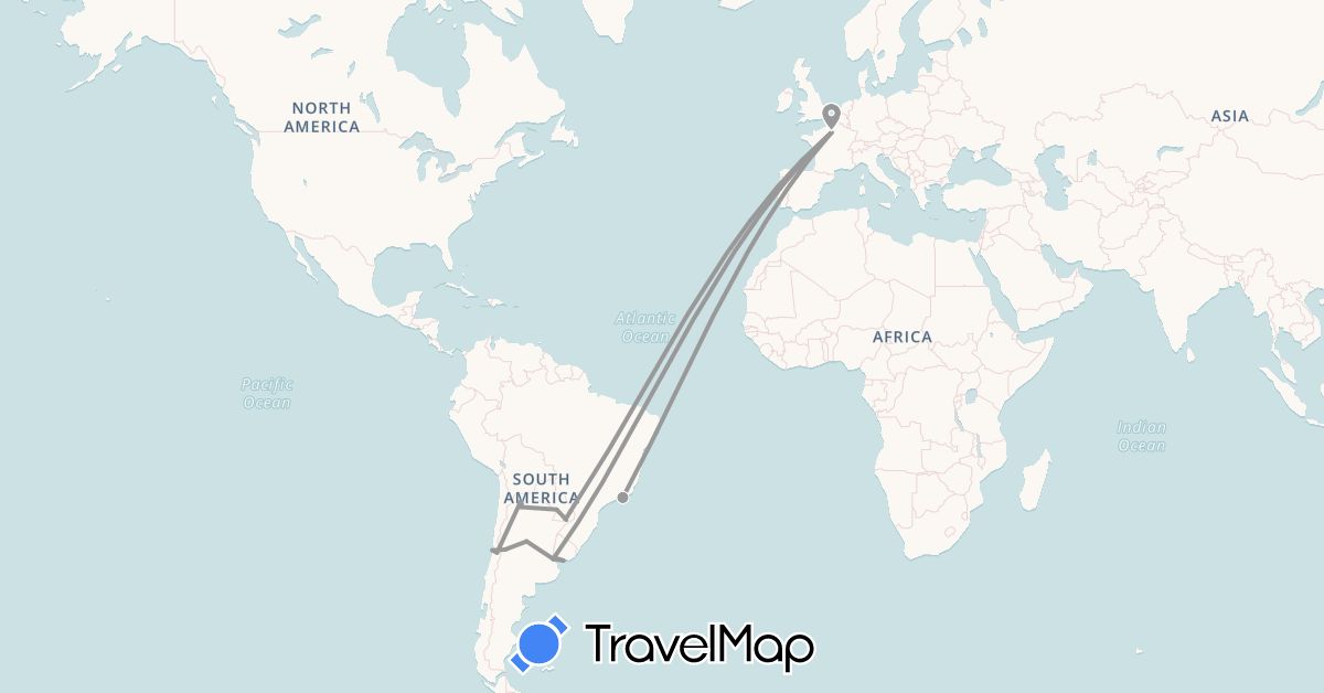 TravelMap itinerary: plane in Argentina, Brazil, Chile, France, Paraguay, Uruguay (Europe, South America)